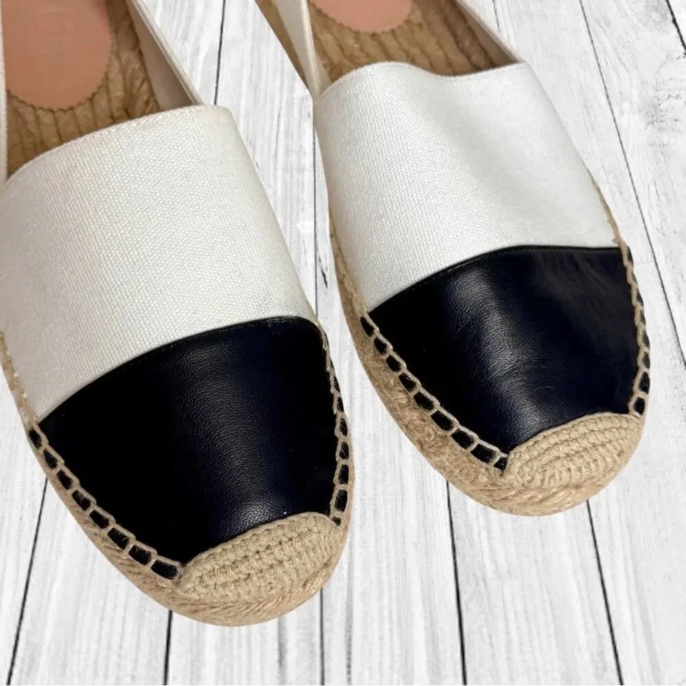 J. CREW White Black Leather Espadrilles Cap Toe Canvas Shoes Flats Resort 10.5
